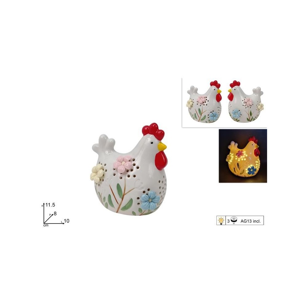GALLINA 11.5CM CERAMICA CON LUCE 2ASS